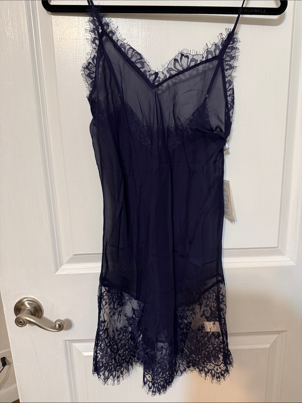 Ginia Navy Sheer Lace-Trim Slip Dress